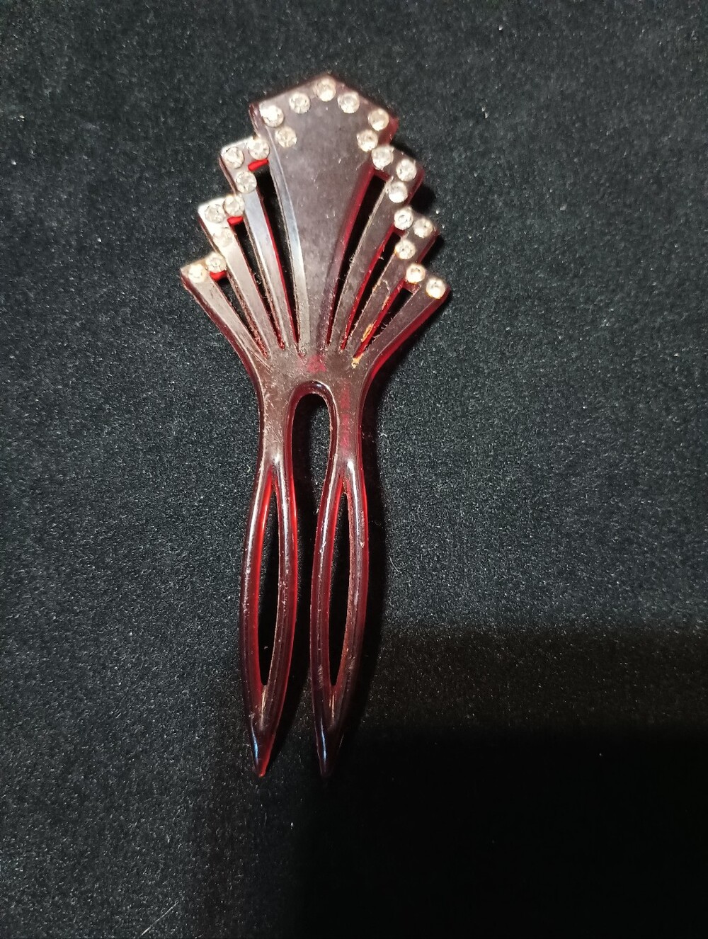 Vintage Up-Do Bun Holder Hair Comb. Red/Amber Color Lucite W/Clear Rhinestones